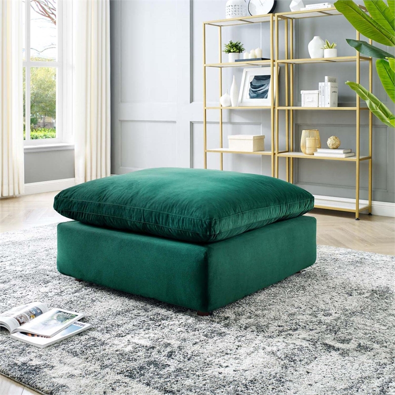 Pemberly Row Down Filled Overstuffed Performance Velvet Ottoman in Green