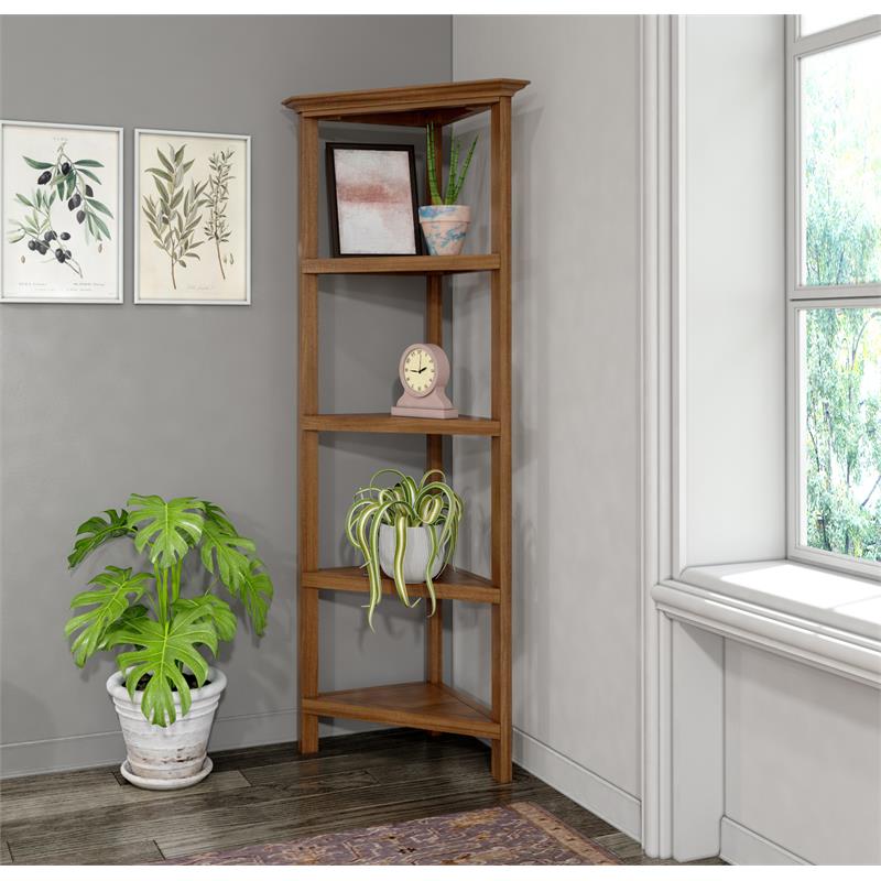 Pemberly Row 4-tier Corner Traditional Wooden Bookcase in Walnut
