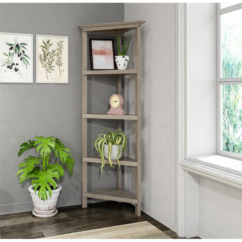 Pemberly Row 4-tier Corner Traditional Wooden Bookcase in Washed Gray