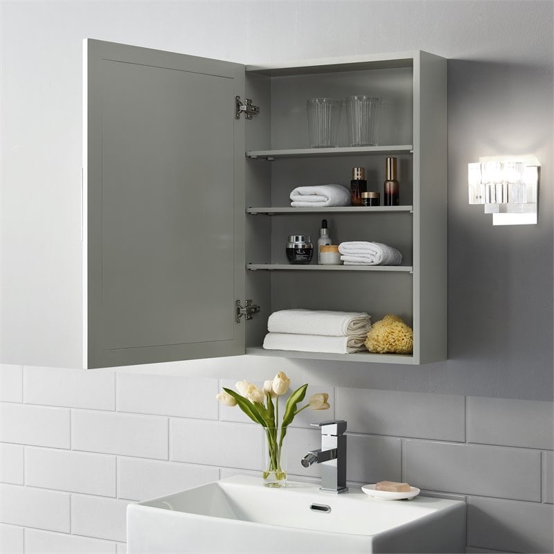 Pemberly Row Modern MDF Wood Mirrored Wall Cabinet in Gray/Clear