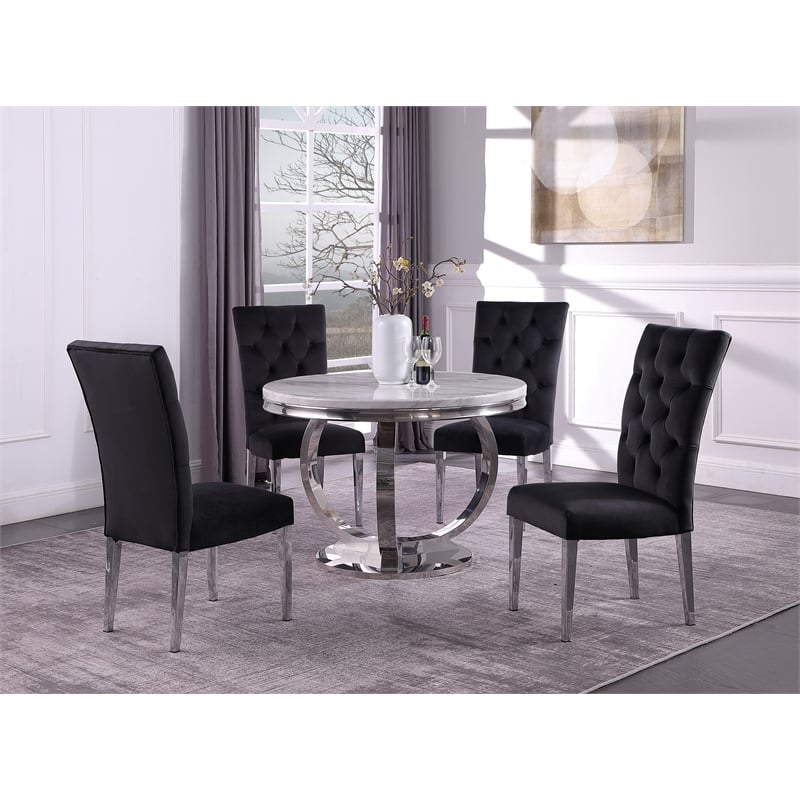 Pemberly Row White Modern Faux Marble Round Dining Table with Silver Base