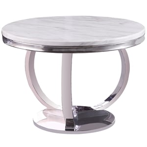 Pemberly Row White Modern Faux Marble Round Dining Table with Silver Base
