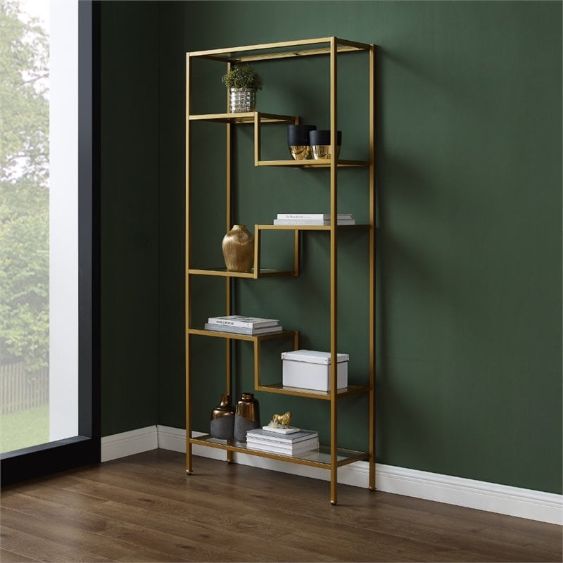 Pemberly Row Contemporary Art Deco Glass Metal Etagere in Gold
