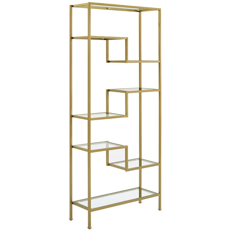 Pemberly Row Contemporary Art Deco Glass Metal Etagere in Gold