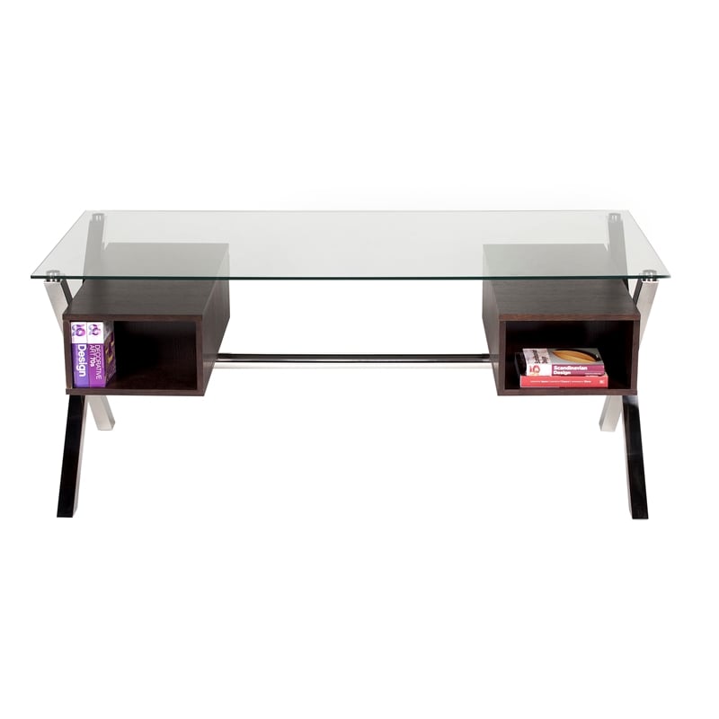 Pemberly Row Large Modern Tempered Glass & Wood Veneer Desk in Espresso