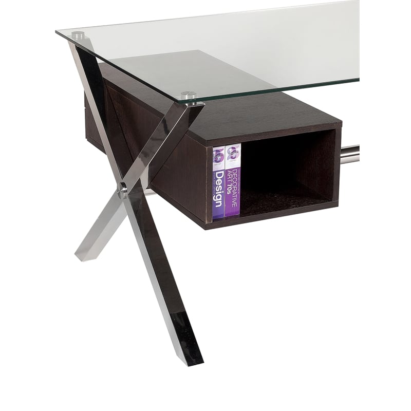 Pemberly Row Large Modern Tempered Glass & Wood Veneer Desk in Espresso