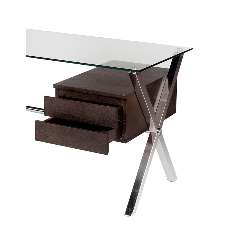 Pemberly Row Large Modern Tempered Glass & Wood Veneer Desk in Espresso