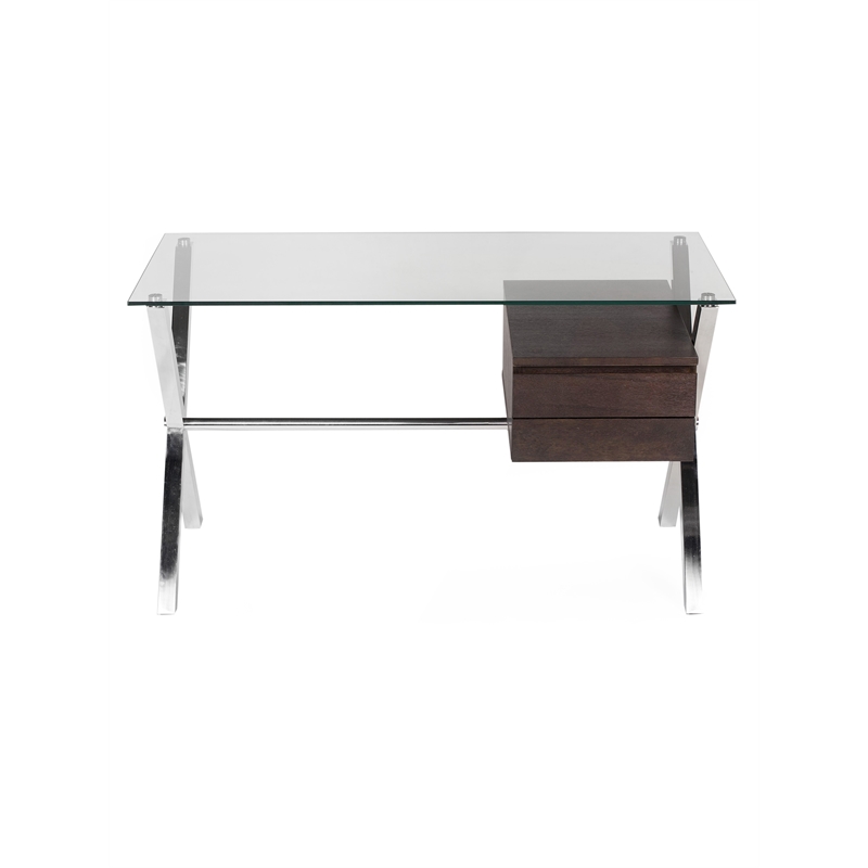Pemberly Row Small Modern Tempered Glass & Wood Veneer Desk in Espresso