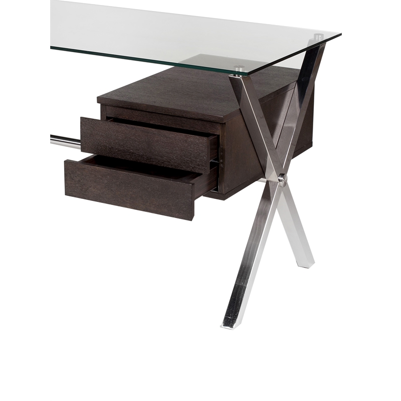 Pemberly Row Small Modern Tempered Glass & Wood Veneer Desk in Espresso