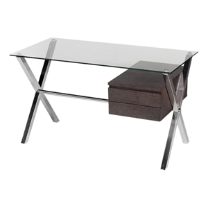 Pemberly Row Small Modern Tempered Glass & Wood Veneer Desk in Espresso