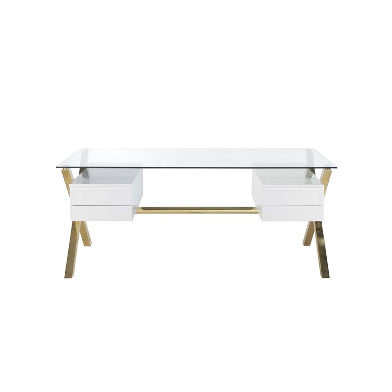Pemberly Row Large Glass & Polished Steel Desk in Gold/White and Clear