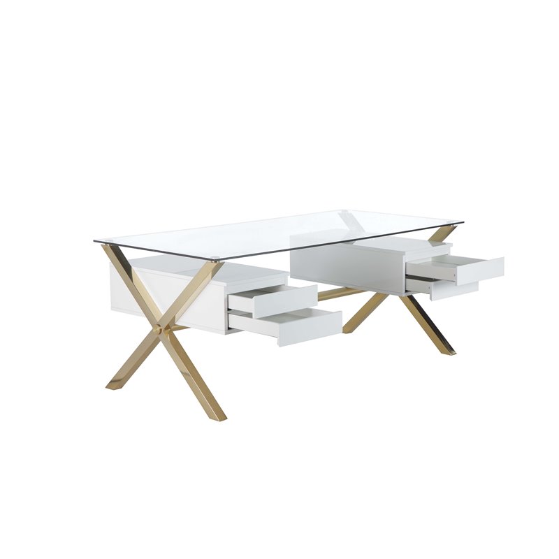 Pemberly Row Large Glass & Polished Steel Desk in Gold/White and Clear