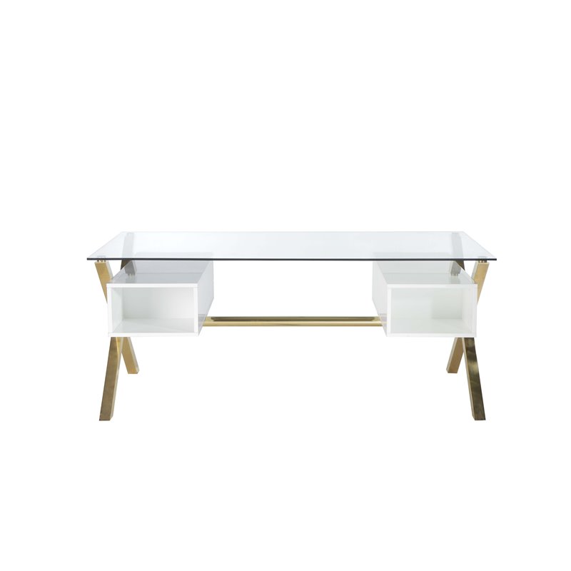 Pemberly Row Large Glass & Polished Steel Desk in Gold/White and Clear