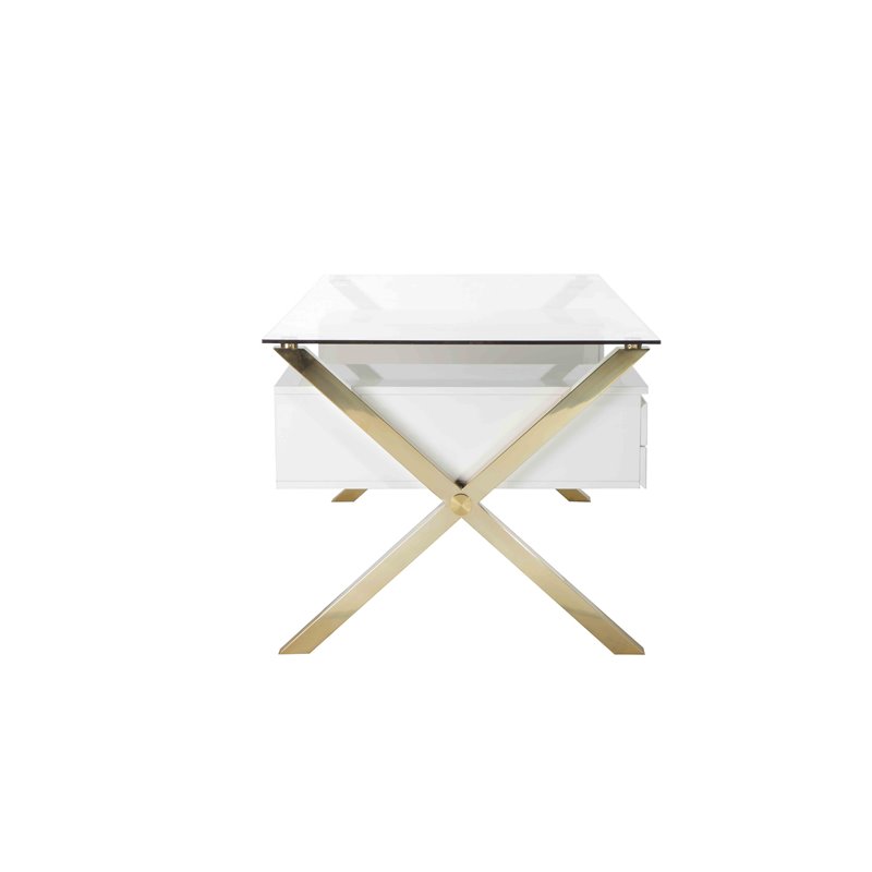 Pemberly Row Large Glass & Polished Steel Desk in Gold/White and Clear