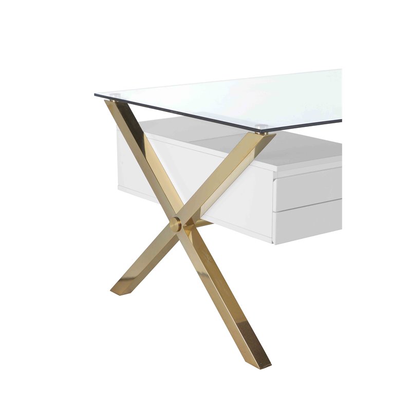 Pemberly Row Large Glass & Polished Steel Desk in Gold/White and Clear