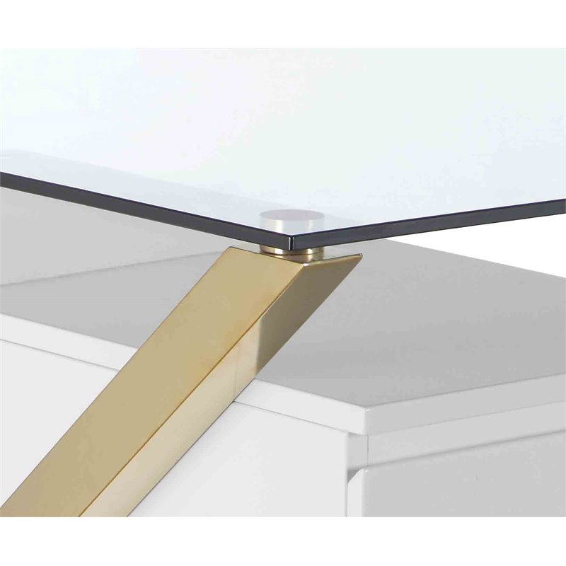 Pemberly Row Large Glass & Polished Steel Desk in Gold/White and Clear