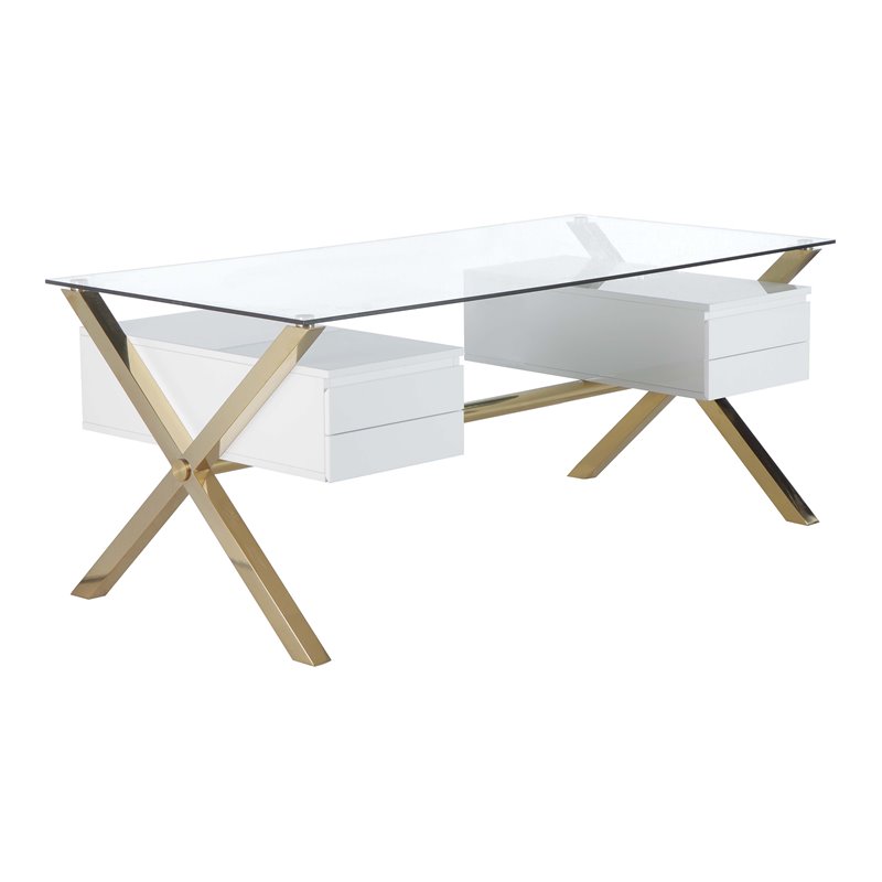 Pemberly Row Large Glass & Polished Steel Desk in Gold/White and Clear