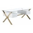 Pemberly Row Large Glass & Polished Steel Desk in Gold/White and Clear