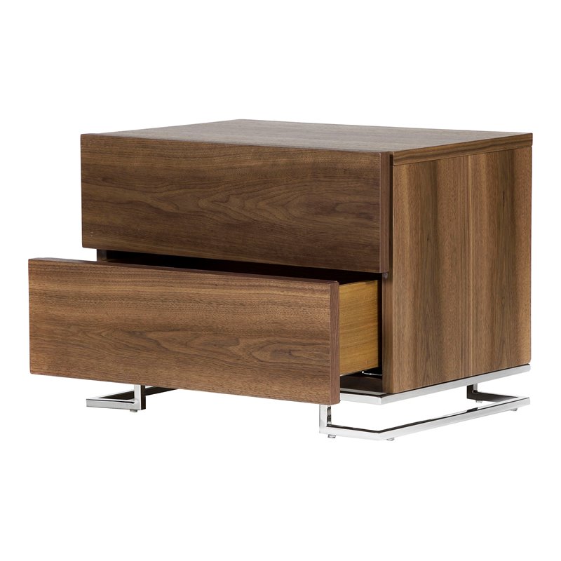 Pemberly Row Modern Wood Veneer & Polished Steel Night Stand in Walnut