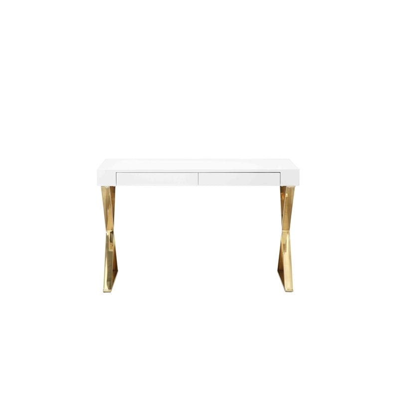 Pemberly Row Gloss Lacquer & High Polished Steel Metal Desk in White/Gold