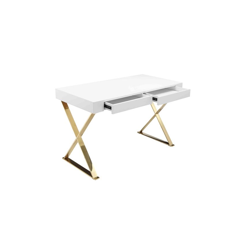 Pemberly Row Gloss Lacquer & High Polished Steel Metal Desk in White/Gold