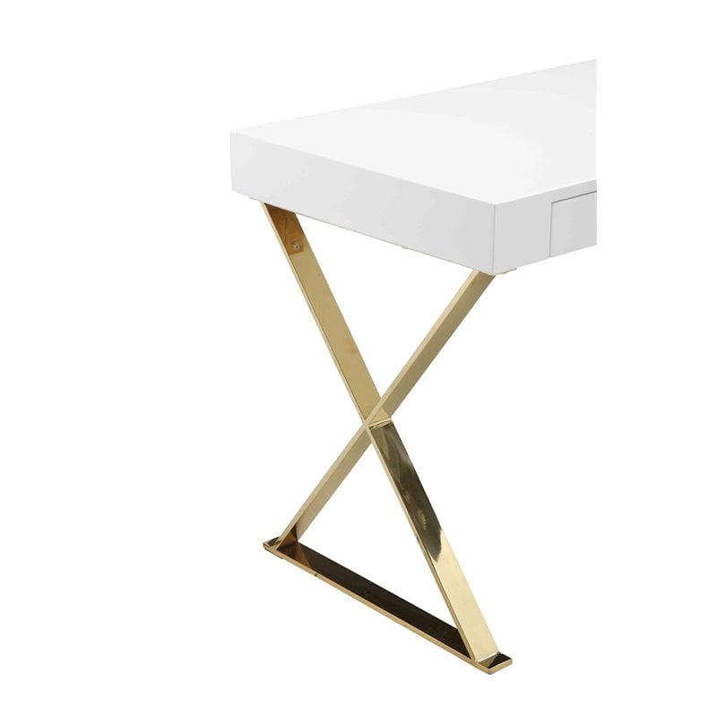 Pemberly Row Gloss Lacquer & High Polished Steel Metal Desk in White/Gold
