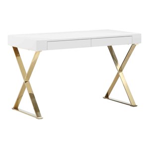 Pemberly Row Gloss Lacquer & High Polished Steel Metal Desk in White/Gold