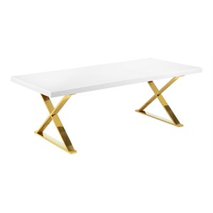 Pemberly Row Lacquer & High Polished Steel Metal Dining Table in White/Gold