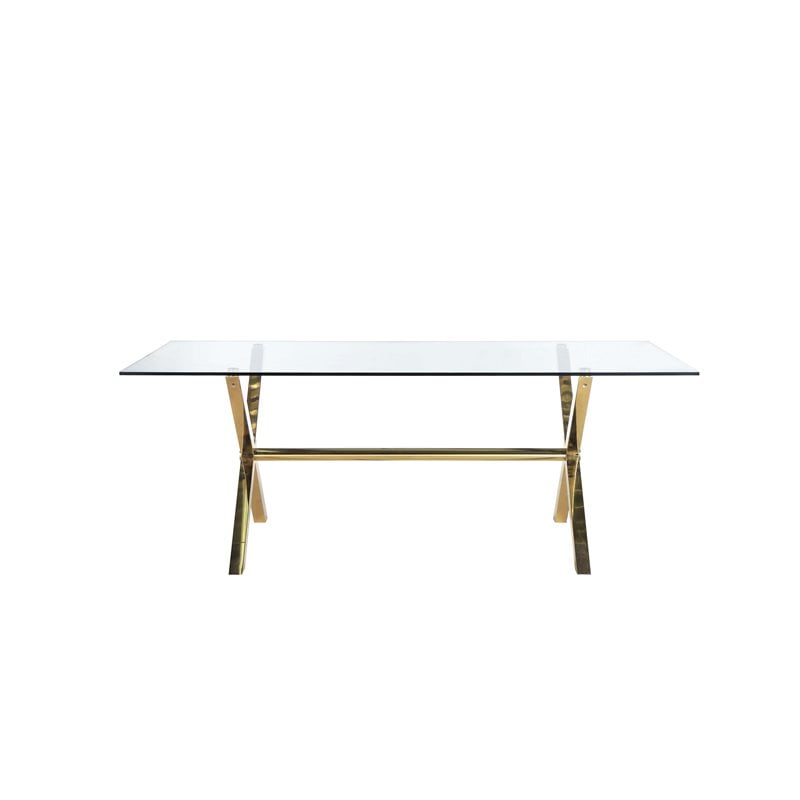 Pemberly Row Modern Glass & Polished Steel Dining Table in Gold & Clear