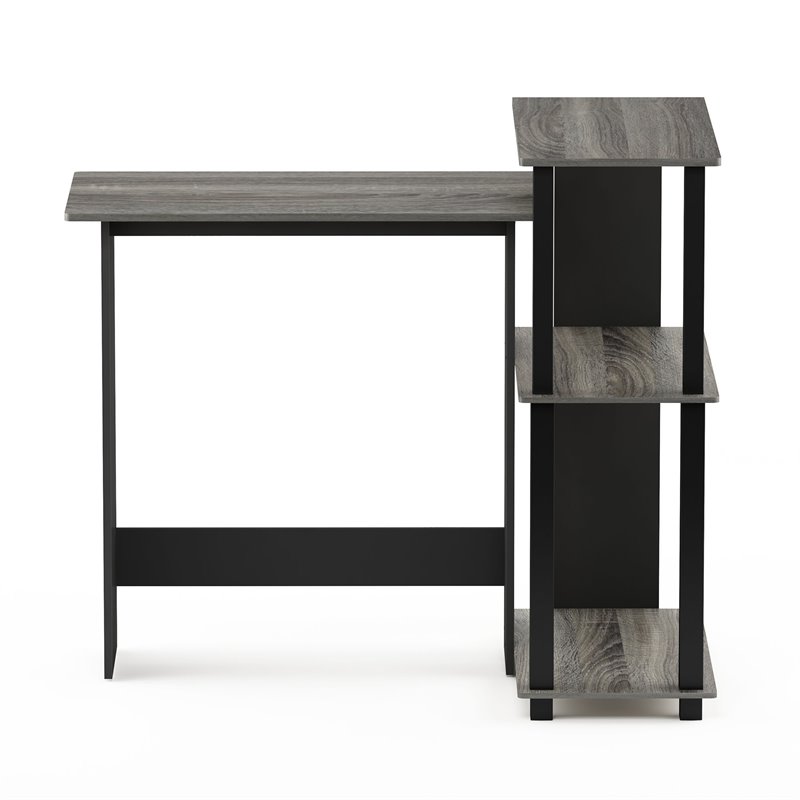 Pemberly Row Wood Corner Computer Desk with Bookshelf in French Oak Gray/Black