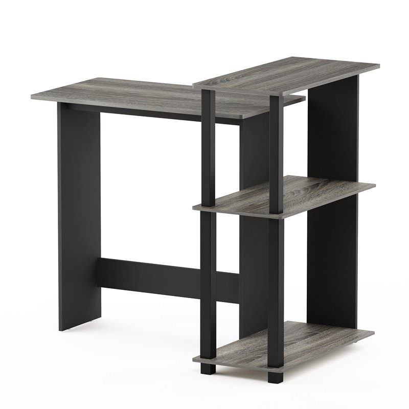 Pemberly Row Wood Corner Computer Desk with Bookshelf in French Oak Gray/Black