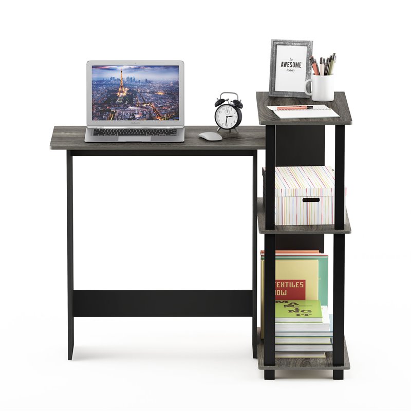Pemberly Row Wood Corner Computer Desk with Bookshelf in French Oak Gray/Black