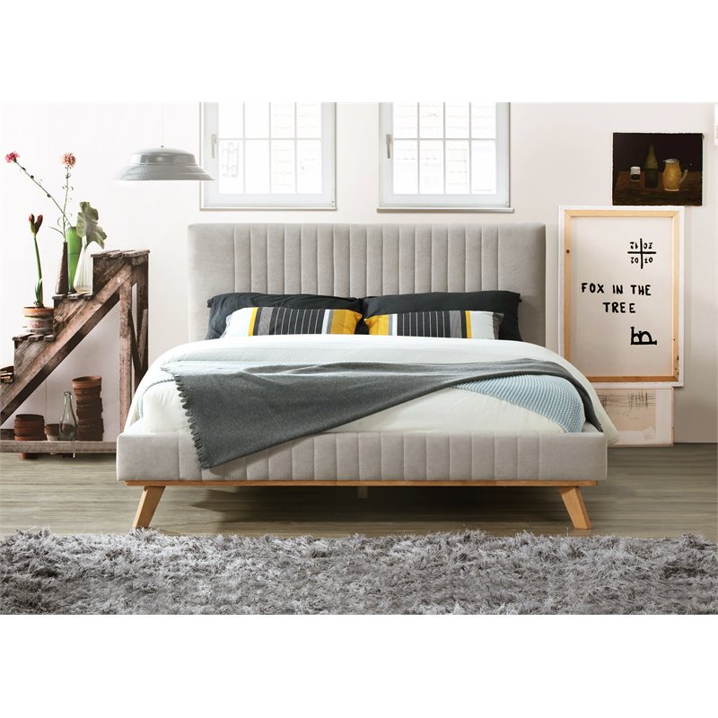Pemberly Row Wood and Fabric Upholstered Queen Platform Bed in Taupe Gray