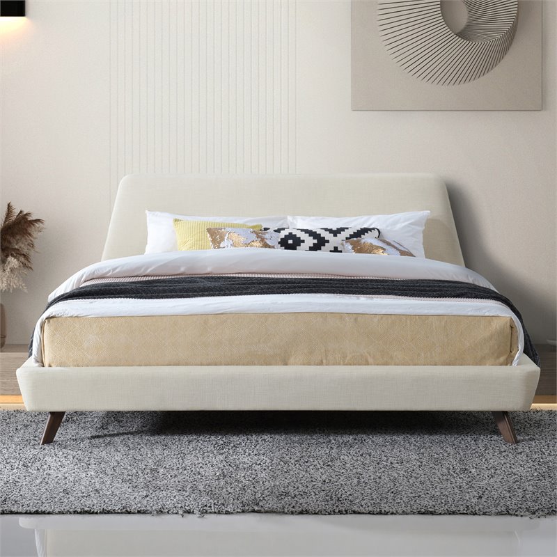 Pemberly Row Wood and Fabric Upholstered King Platform Bed in Beige