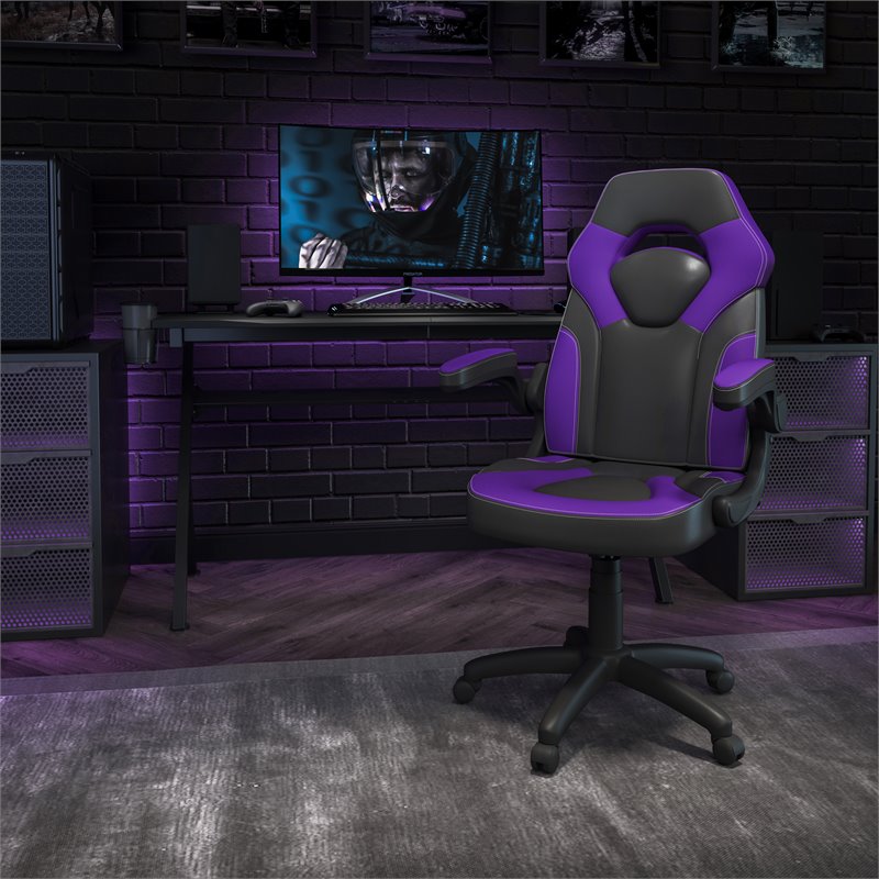 Pemberly Row Plastic Gaming Chair with Flip-Up Arms in Purple/Black