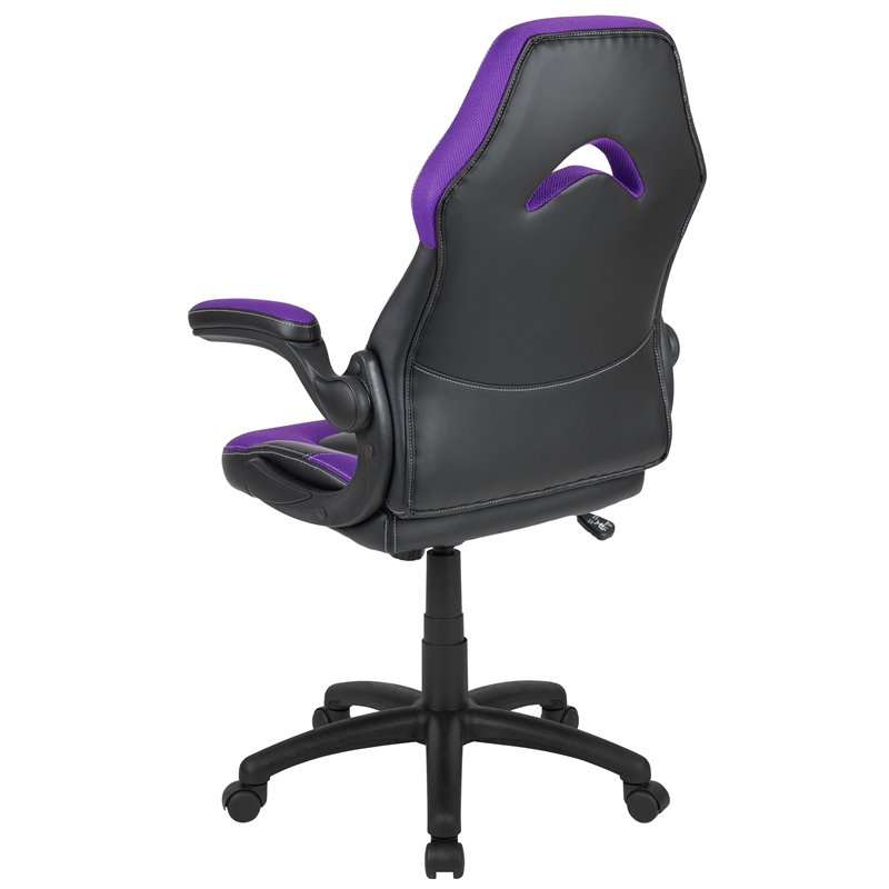 Pemberly Row Plastic Gaming Chair with Flip-Up Arms in Purple/Black