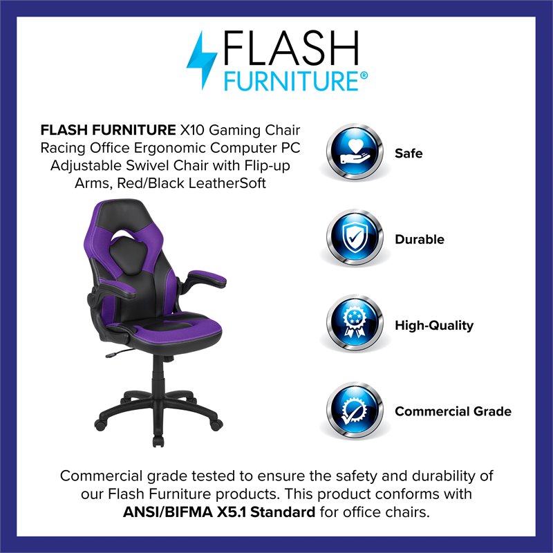 Pemberly Row Plastic Gaming Chair with Flip-Up Arms in Purple/Black