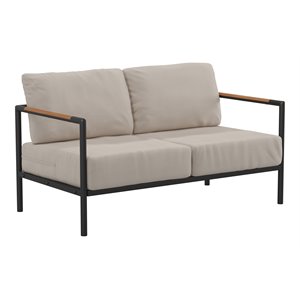 Pemberly Row Aluminum & Fabric Loveseat with Teak Arm Accents in Beige/Black