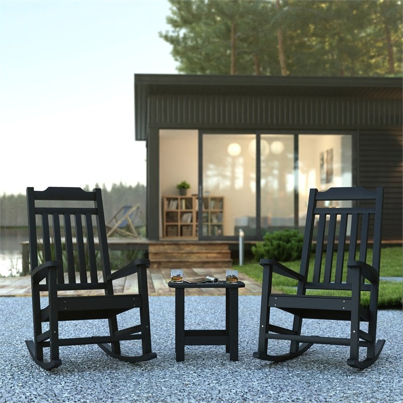 Pemberly Row Resin Set 2 Rocking Chairs and Side Table in Black