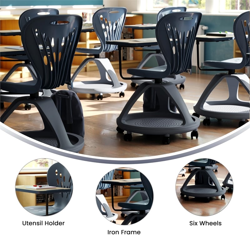 Pemberly Row 360 Degree Tablet Rotation Plastic Mobile Desk Chair in Gray