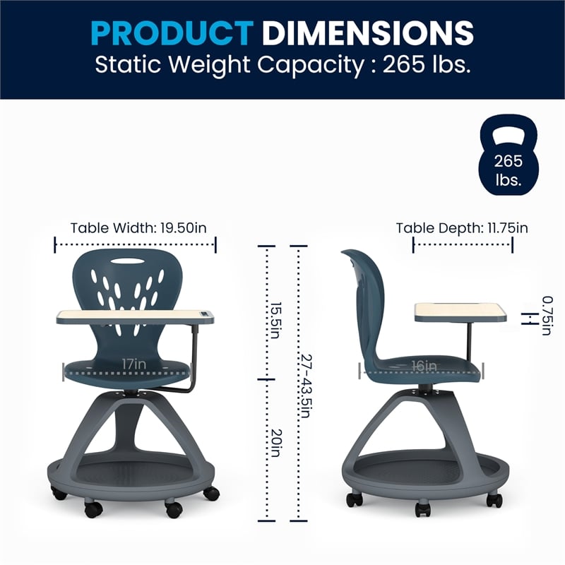 Pemberly Row 360 Degree Tablet Rotation Plastic Mobile Desk Chair in Gray