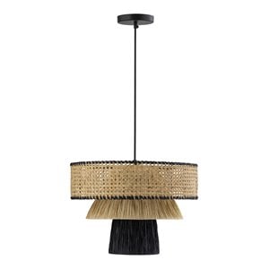 Pemberly Row 12.6&quotH Iron Metal & Raffia Pendant in Natural/Black