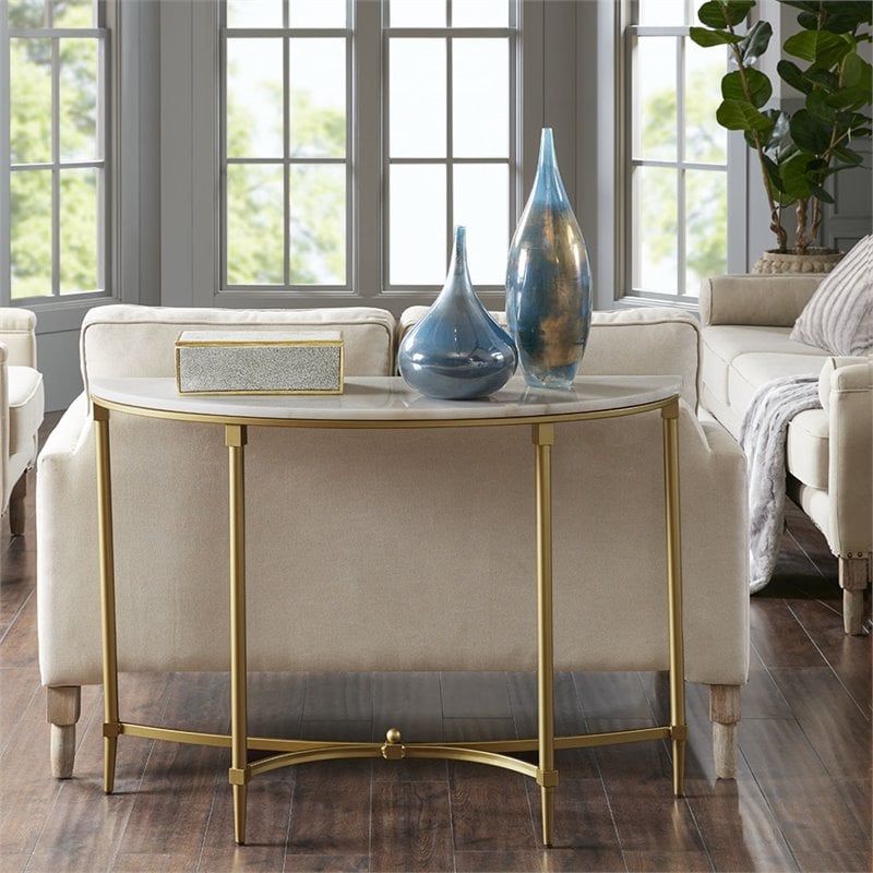 Pemberly Row Modern Metal and Marble Console Table in Gold/White
