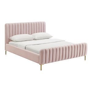 Pemberly Row 41.7&quotH Velvet Upholstered Queen Bed in Blush Pink