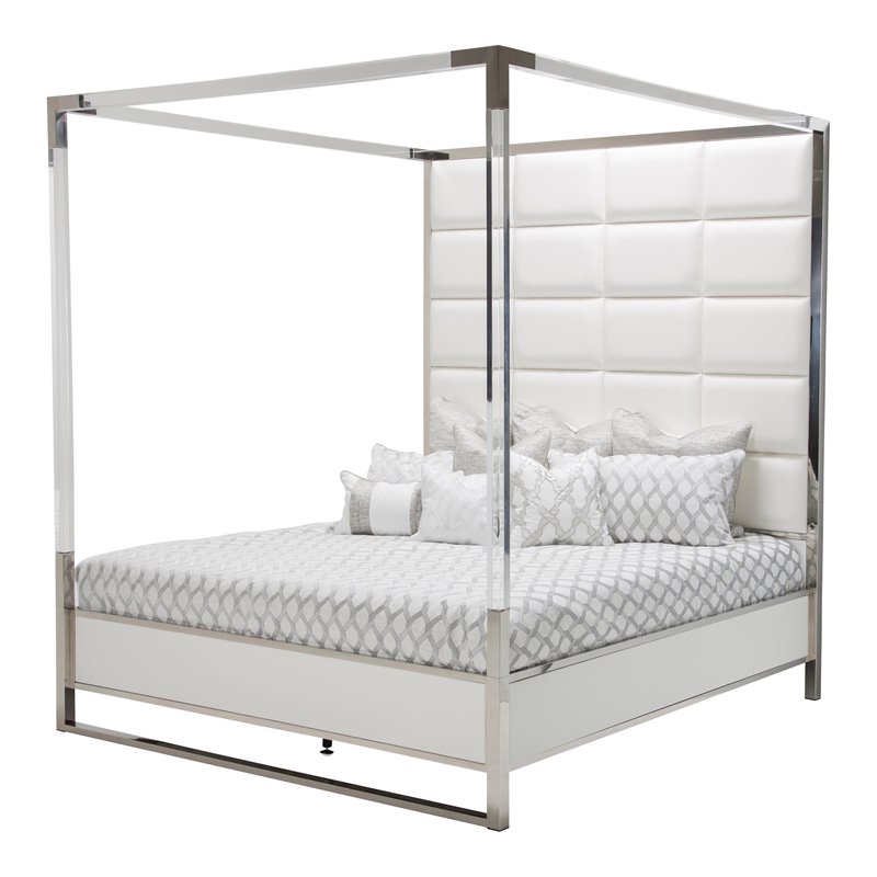 Pemberly Row Modern Metal Eastern King Canopy Bed in Satin White