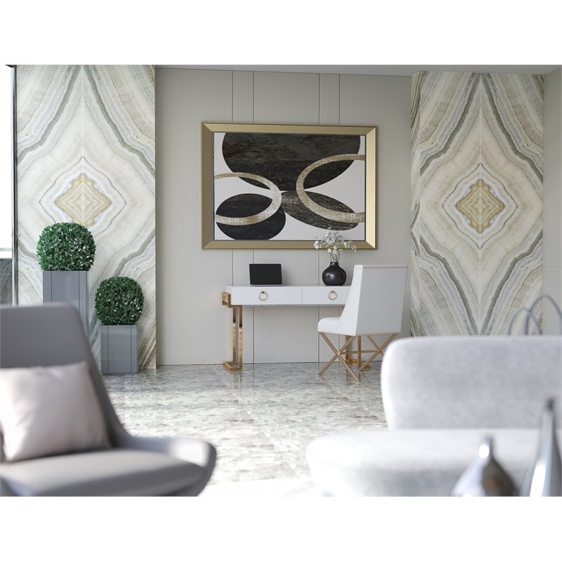 Pemberly Row Modern Steel/Wood Desk in Glossy White Lacquer/Gold