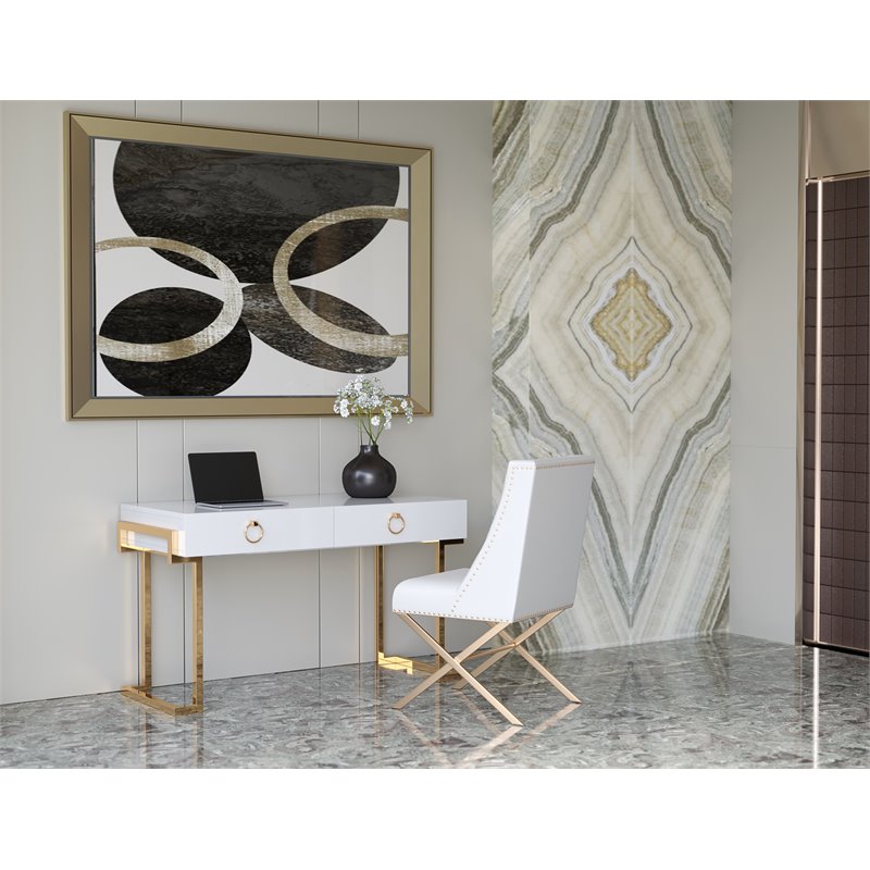 Pemberly Row Modern Steel/Wood Desk in Glossy White Lacquer/Gold