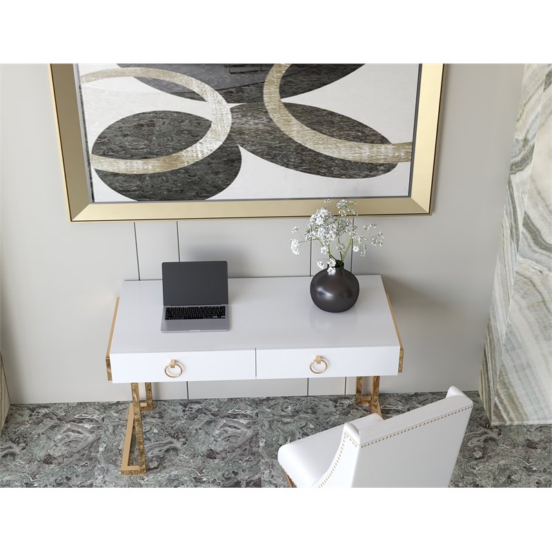 Pemberly Row Modern Steel/Wood Desk in Glossy White Lacquer/Gold