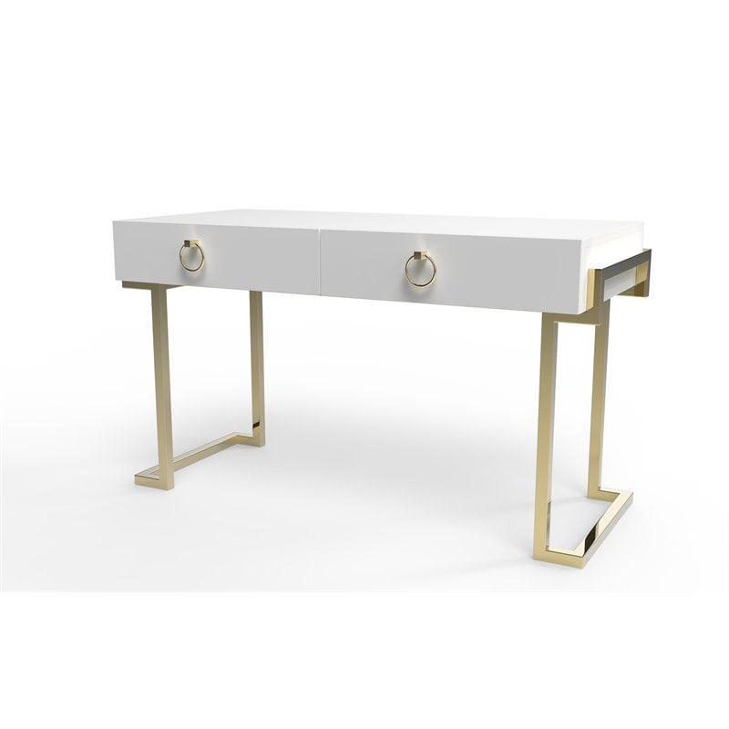 Pemberly Row Modern Steel/Wood Desk in Glossy White Lacquer/Gold