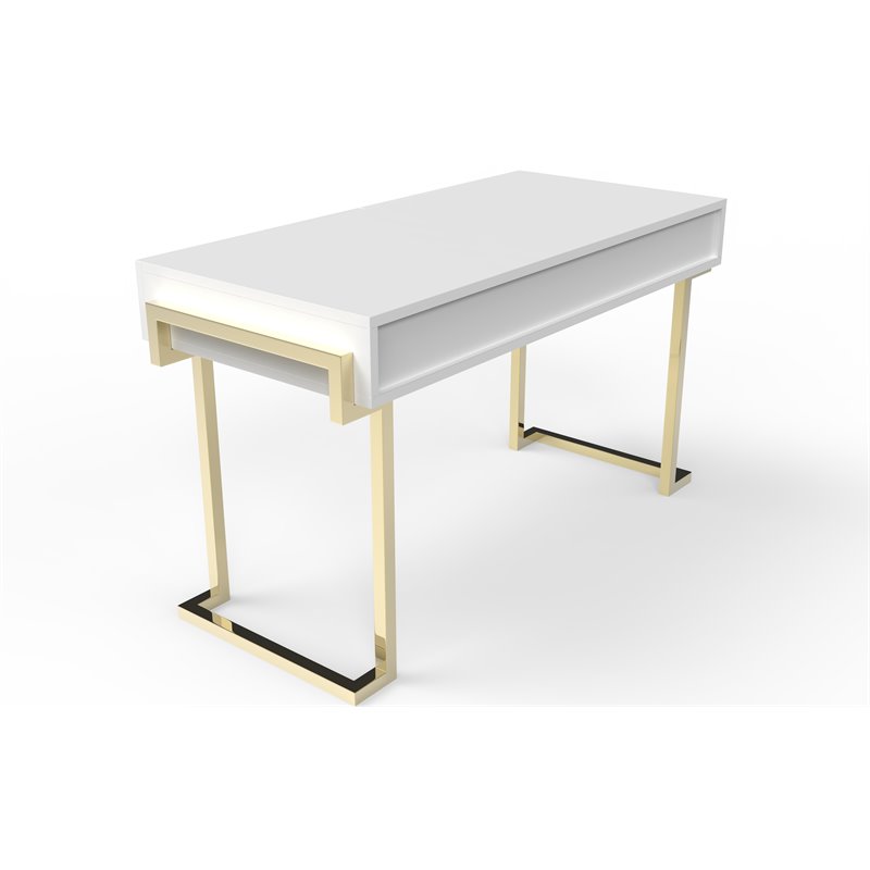 Pemberly Row Modern Steel/Wood Desk in Glossy White Lacquer/Gold